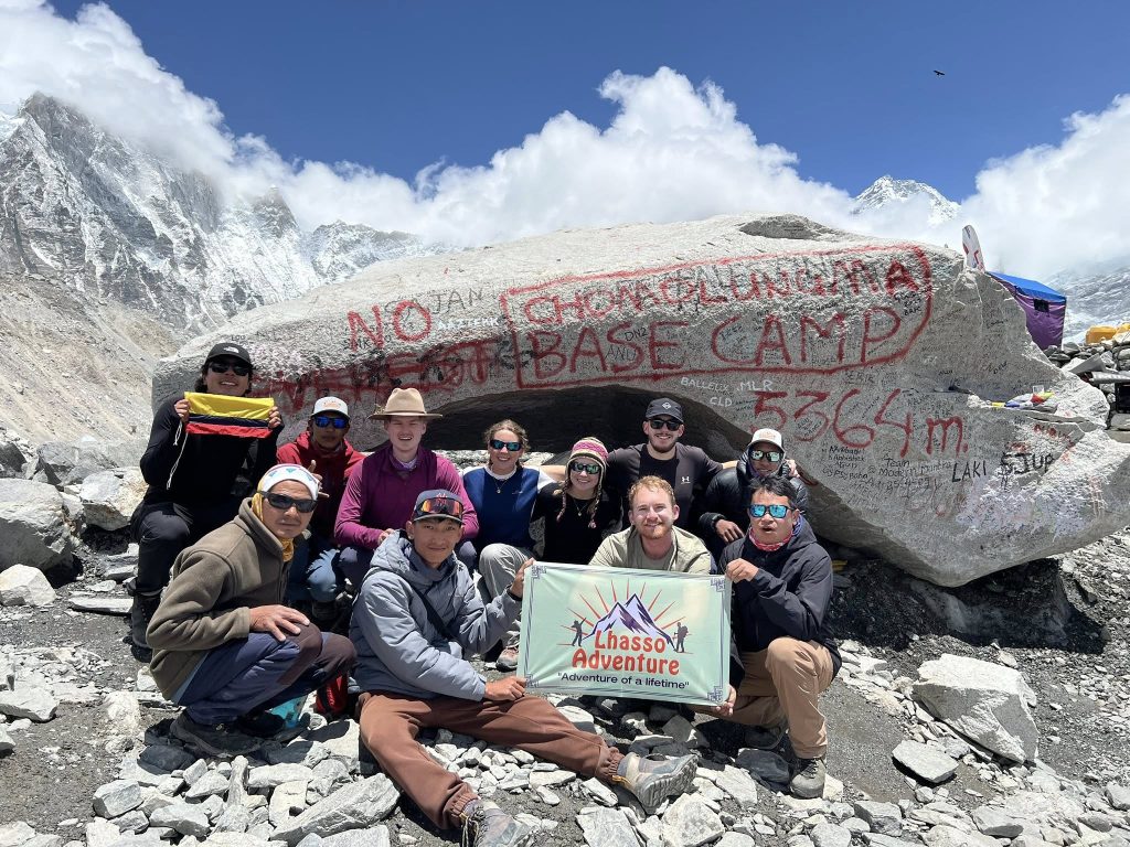 lhasso team and the trekkers taking a photo at everest base camp trek