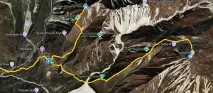 Trekking map showing routes from Kyanjin Gompa to Kyanjin Ri and Tserko Ri with elevations and landmarks.