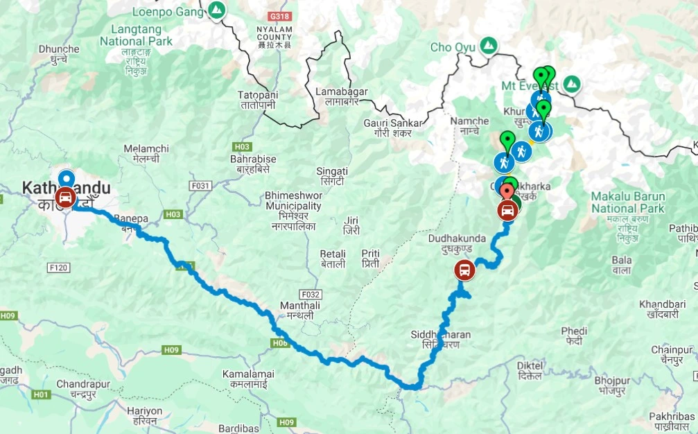 Map of overland Everest route from Kathmandu to Lukla via Salleri