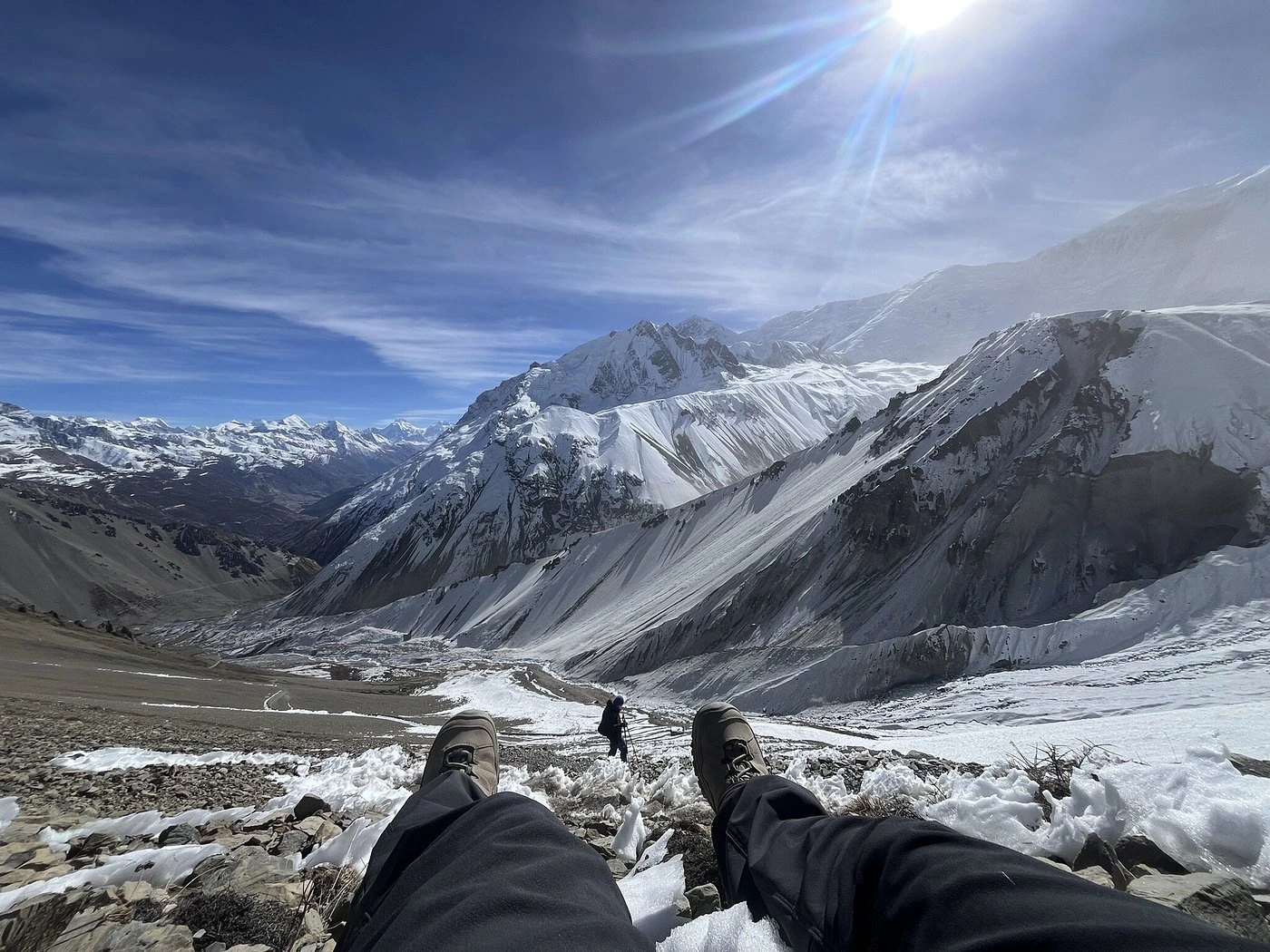 walking towards the nepal highest pass which is thorong la pass - annaurna circuit trek