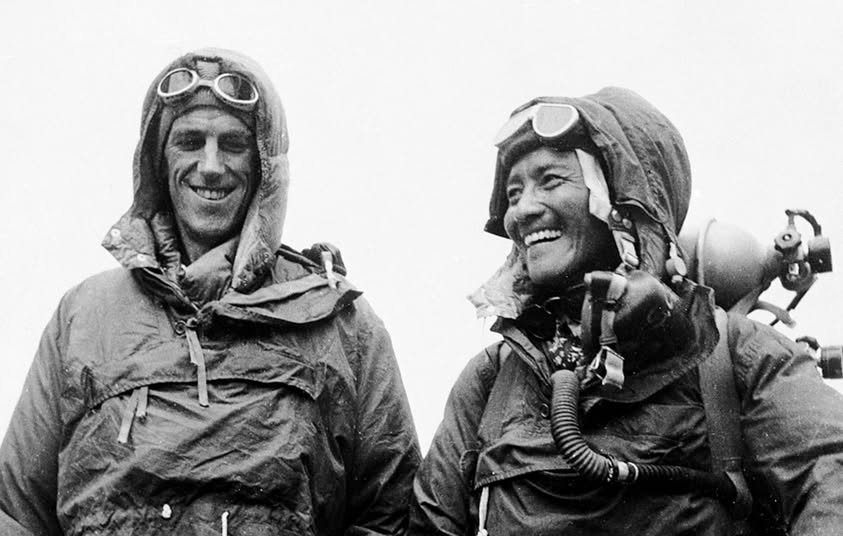 Tenzing Norgay Sherpa celebrates on the summit of Mount Everest, May 29 1953