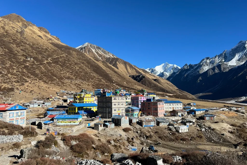Kyanjin Gompa village with Himalayan mountains on the Langtang Valley Trek