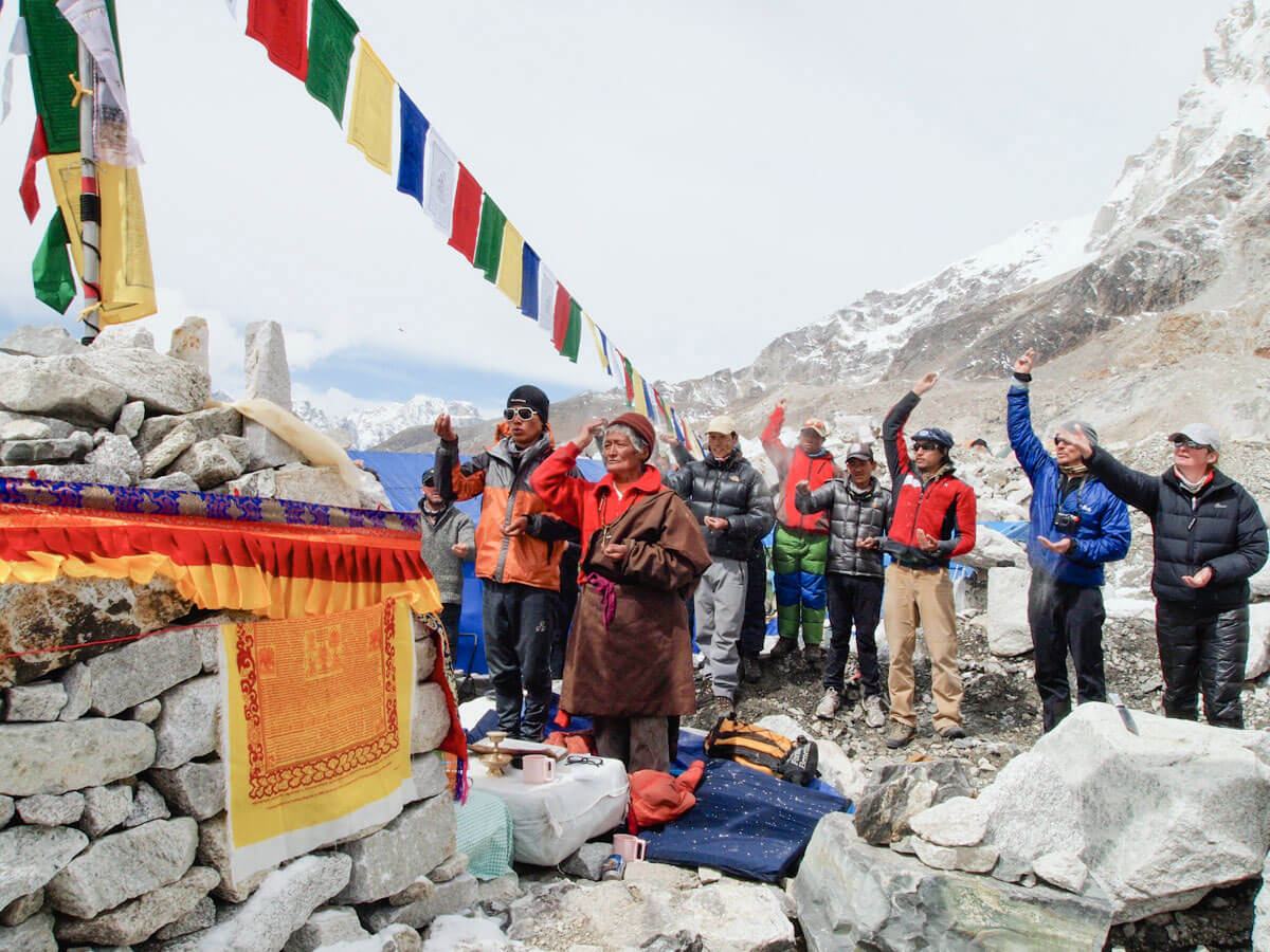 Puja ceremony at Everest Base Camp before a climbing expedition, Nepal